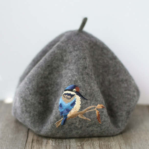 鳥刺繍ベレー フェザーグレー #Gray Quill 【帽子色変更可】 毛