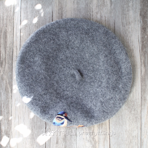 MURRAL 19fw 花柄 ベレー帽 鳥刺繍ベレー フェザーグレー #Gray Quill 【帽子色変更可】 毛