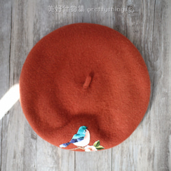 小鳥刺繡貝蕾帽 鐵鏽紅#Rust Red 【可改帽色】90%羊毛 貝雷帽/畫家帽/帽子/Beret 第2張的照片
