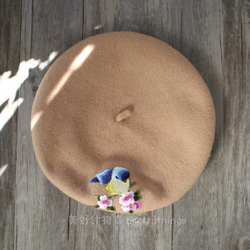 小鳥刺繡貝蕾帽 淺駝#Light Camel【可改帽色】90%羊毛 貝雷帽/畫家帽/帽子/Beret 第2張的照片