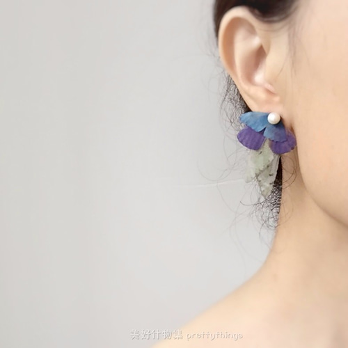 アシンメトリーバタフライガーゼピアス＆淡水パール925シルバーイヤー