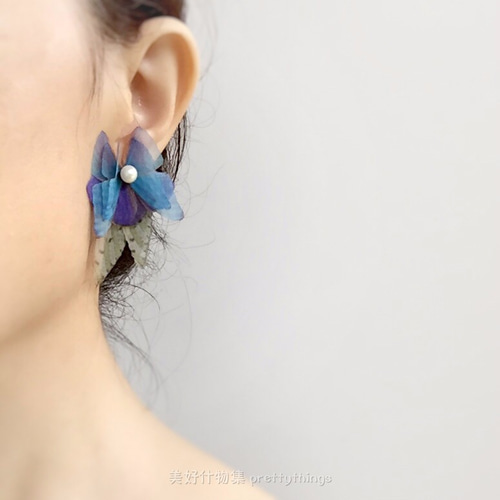 アシンメトリーバタフライガーゼピアス＆淡水パール925シルバーイヤー