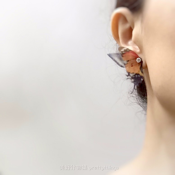 不對稱蝴蝶紗片耳環一對&水鑽925銀耳針式 （可改淡水珍珠螺旋夾式）pierced or clip-on earring 第4張的照片