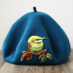 鳥刺繍ベレー帽 グラスブルー #ルリブルー 【キャップ色変更可