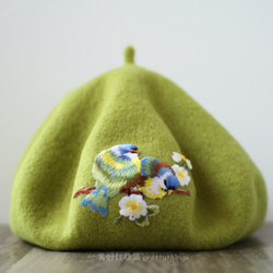 小鳥刺繡貝蕾帽 抹茶綠#Matcha Green 【可改帽色】90%羊毛 貝雷帽/畫家帽/帽子/Beret 第1張的照片