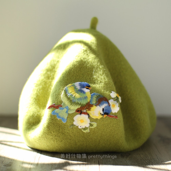 小鳥刺繡貝蕾帽 抹茶綠#Matcha Green 【可改帽色】90%羊毛 貝雷帽/畫家帽/帽子/Beret 第2張的照片
