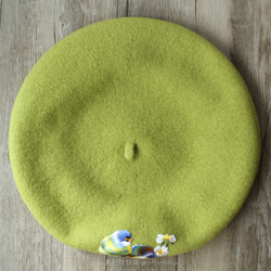小鳥刺繡貝蕾帽 抹茶綠#Matcha Green 【可改帽色】90%羊毛 貝雷帽/畫家帽/帽子/Beret 第3張的照片