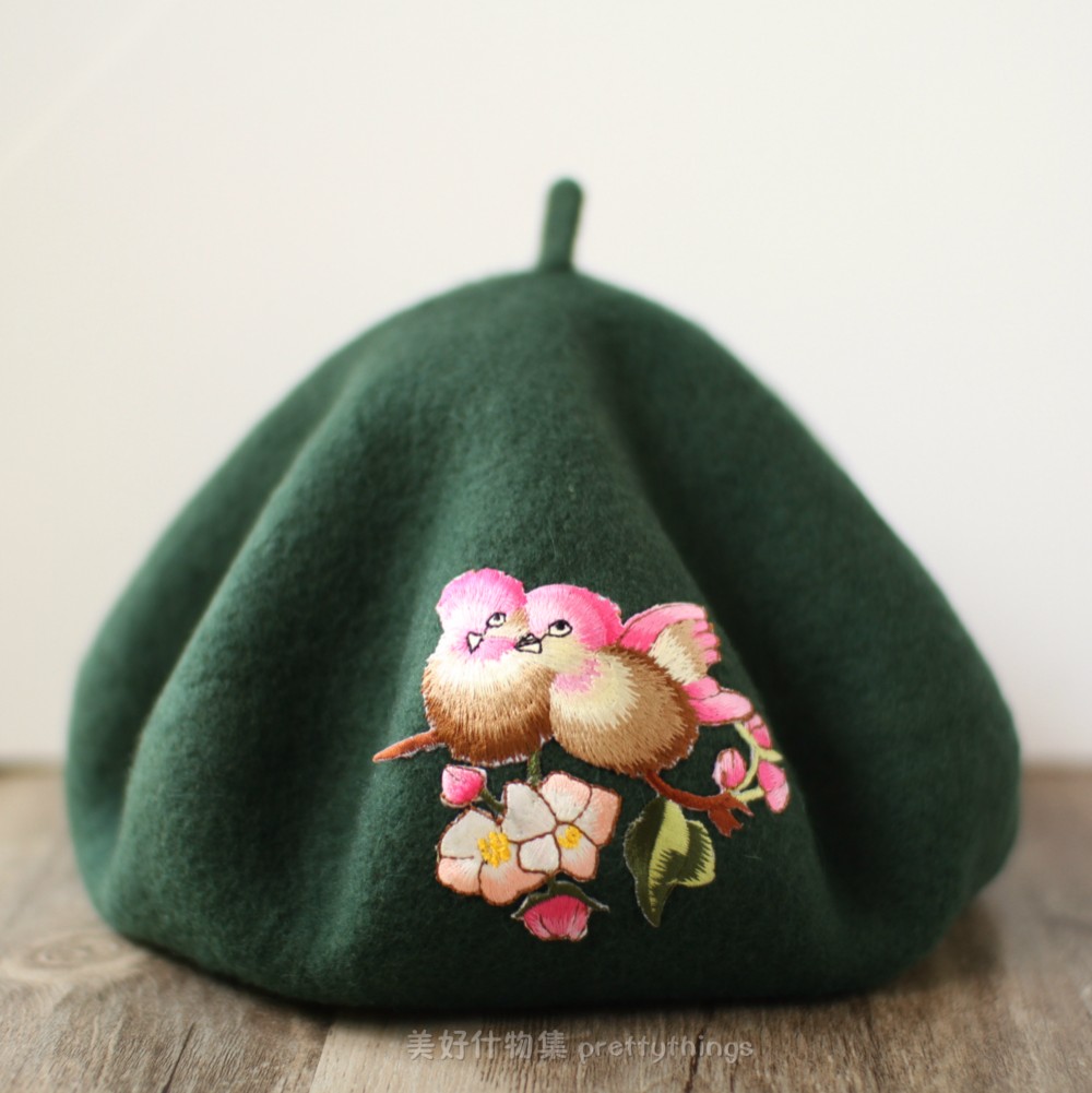 鳥刺繍ベレー レインフォレストグリーン #Rain Forest