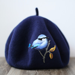 小鳥刺繡貝蕾帽 星空藍#Starry Sky Blue【可改帽色】90%羊毛 貝雷帽/畫家帽/帽子/Beret 第1張的照片