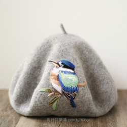 小鳥刺繡貝蕾帽 大理石灰#Marble Gray【可改帽色】90%羊毛 貝雷帽/畫家帽/帽子/Beret 第1張的照片