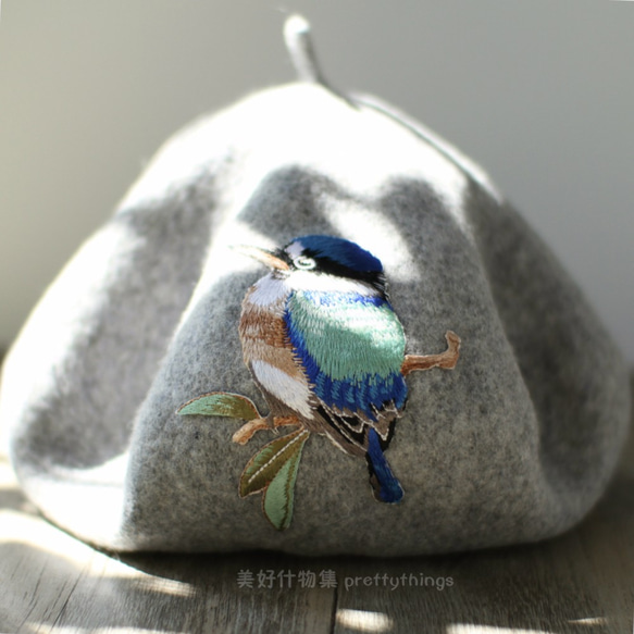 小鳥刺繡貝蕾帽 大理石灰#Marble Gray【可改帽色】90%羊毛 貝雷帽/畫家帽/帽子/Beret 第2張的照片