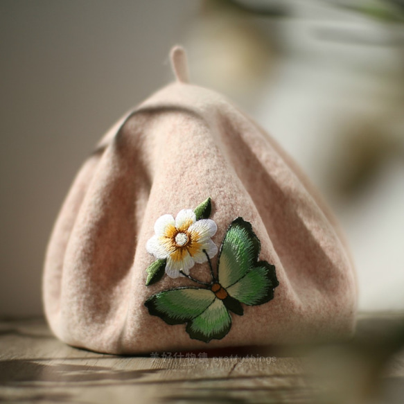 MURRAL 19fw 花柄 ベレー帽 蝶と花の刺繍ベレー帽芒白#フローラルホワイト【キャップ色変更
