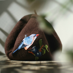 莓果與小鳥刺繡貝蕾帽 布朗尼#Brownie【可改帽色】90%羊毛 貝雷帽/畫家帽/帽子/Beret 第1張的照片