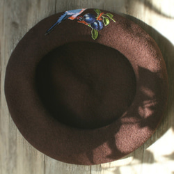 ベリーと鳥の刺繍ベレー帽 ブラウニー #Brownie 【キャップカラー変更可】 ウール90%ベレー/ペインターハット/帽子/ベ 6枚目の画像