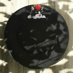 花與小貓刺繡貝蕾帽 黑 #Black【可改帽色】 90%羊毛 貝雷帽/畫家帽/帽子/Beret 第6張的照片