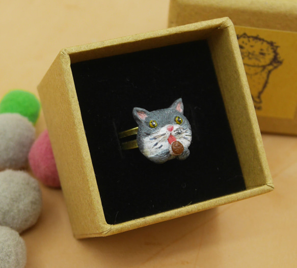 Qmodehandmade灰白口罩貓 戒指 聖誕節 交換禮物 朋友 唯一一個 免費禮盒 可調 第1張的照片