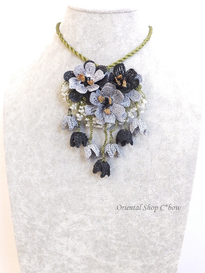 日本発送★トルコOYA|立体トゥーオヤ｜ブローチ＆ネックレス・ブラック・グレー系[2010sf885]