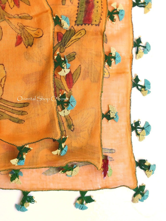 ブルサ：カラジャベイ｜木版アンティークオヤスカーフ｜シルクイーネオヤ：オレンジ[bursa-24] 7枚目の画像
