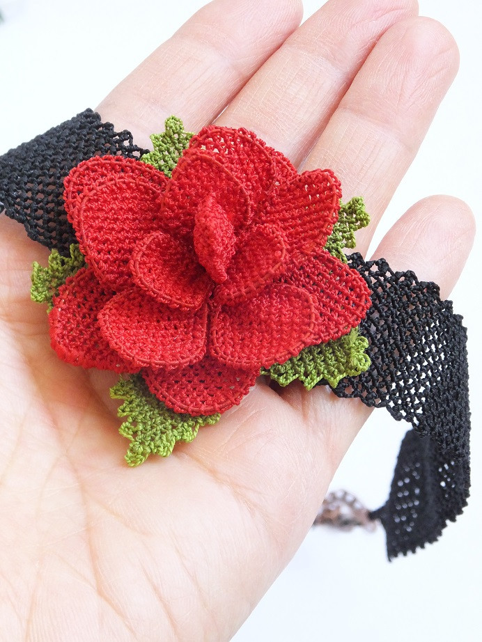 日本発送★シルクイーネオヤネックレス｜赤いバラのチョーカー[2010Bah12070-gul]