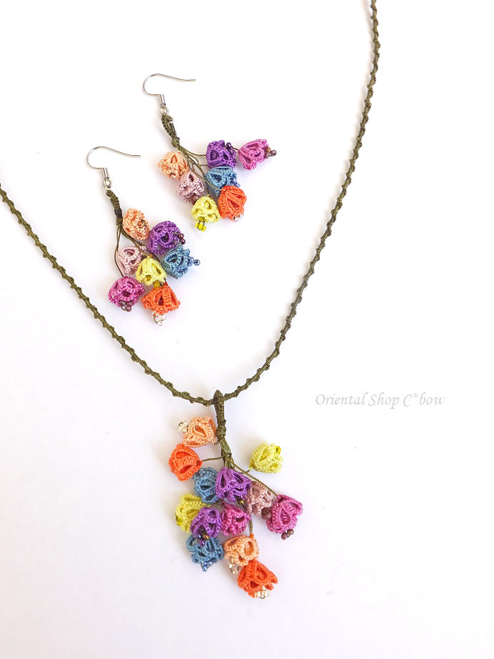 日本発送★メキッキオヤ（タッティング）ネックレス・ピアスセット：ゆらゆら小花｜カラフル系[202105504ob]