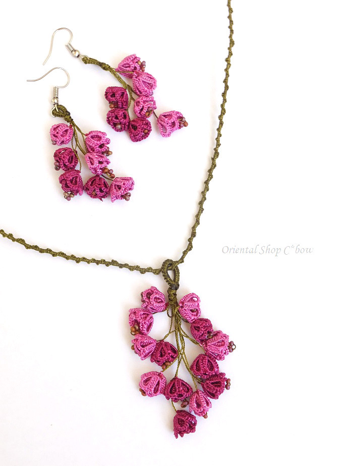 日本発送★メキッキオヤ（タッティング）ネックレス・ピアスセット：ゆらゆら小花｜マゼンタトーン系[202105504ob]