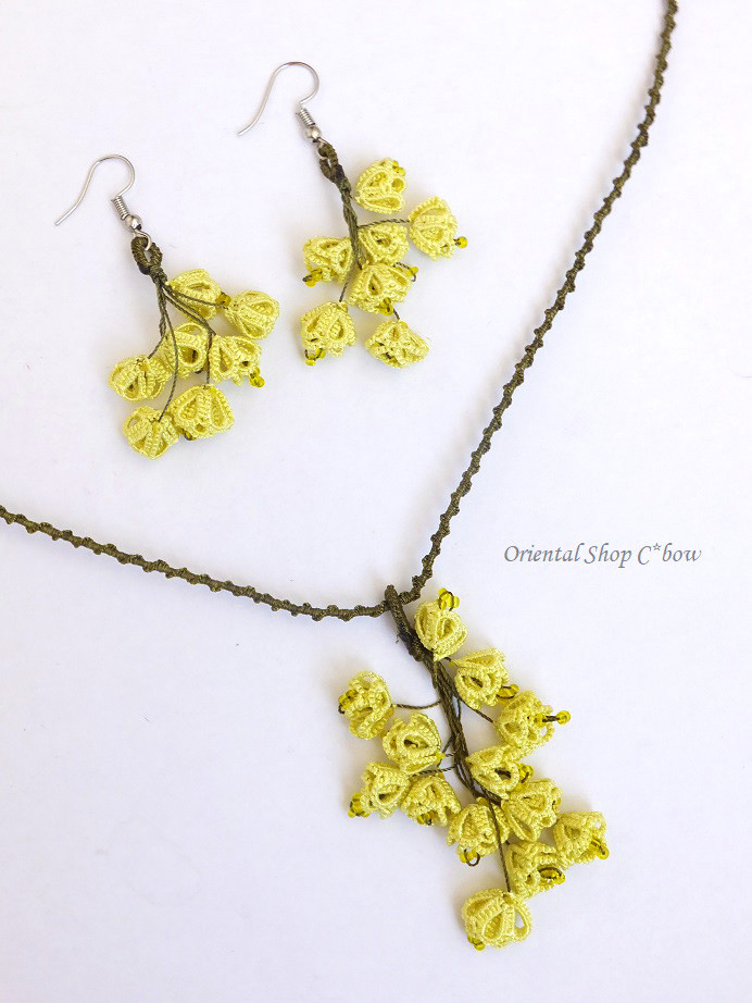 日本発送★メキッキオヤ（タッティング）ネックレス・ピアスセット：ゆらゆら小花｜レモンイエロー[202105504ob] 9,000円