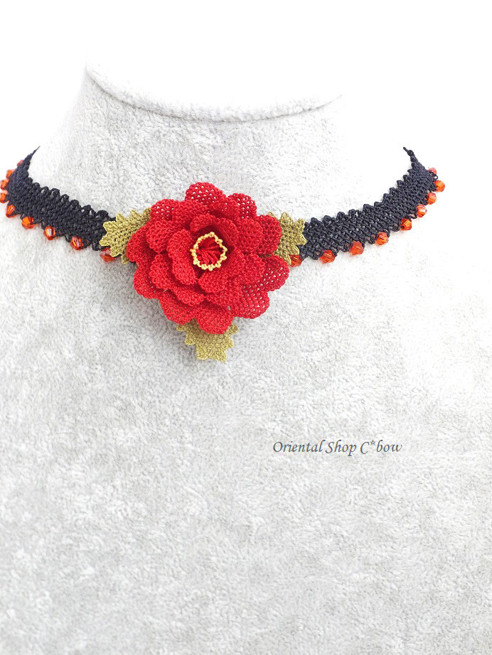 日本発送★シルクイーネオヤチョーカー｜薔薇のチョーカー｜レッド×ブラック[18104534]