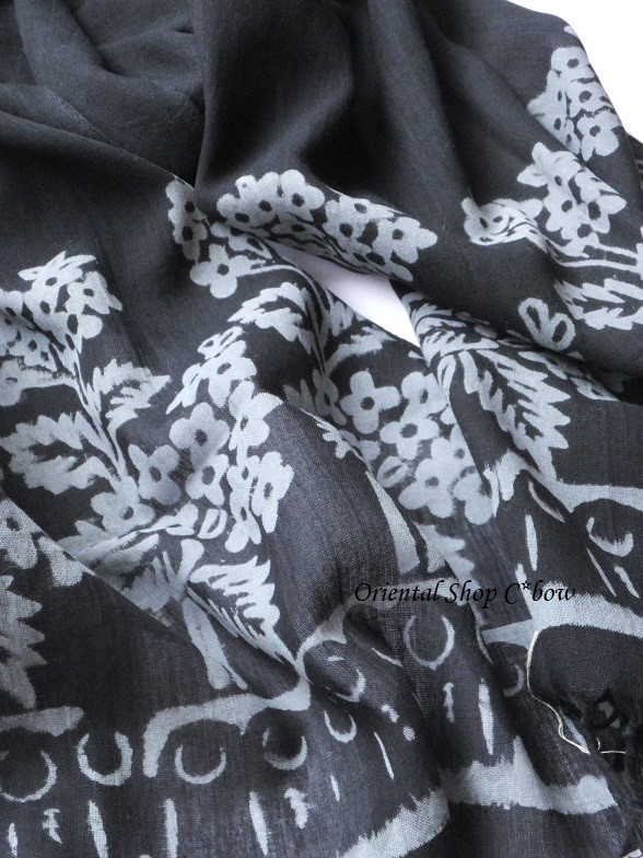 日本発送★ふわり軽いコットン☆トカット：木版：手押しストール｜ブラック[1904-35204]