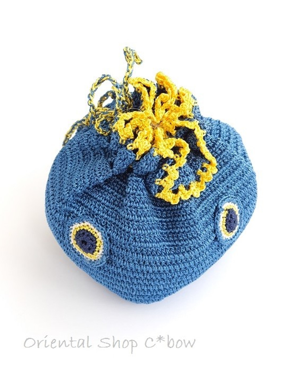 手編みナザルボンジュウのミニ巾着｜青色×黄 3枚目の画像