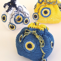手編みナザルボンジュウのミニ巾着｜濃青×卵 5枚目の画像