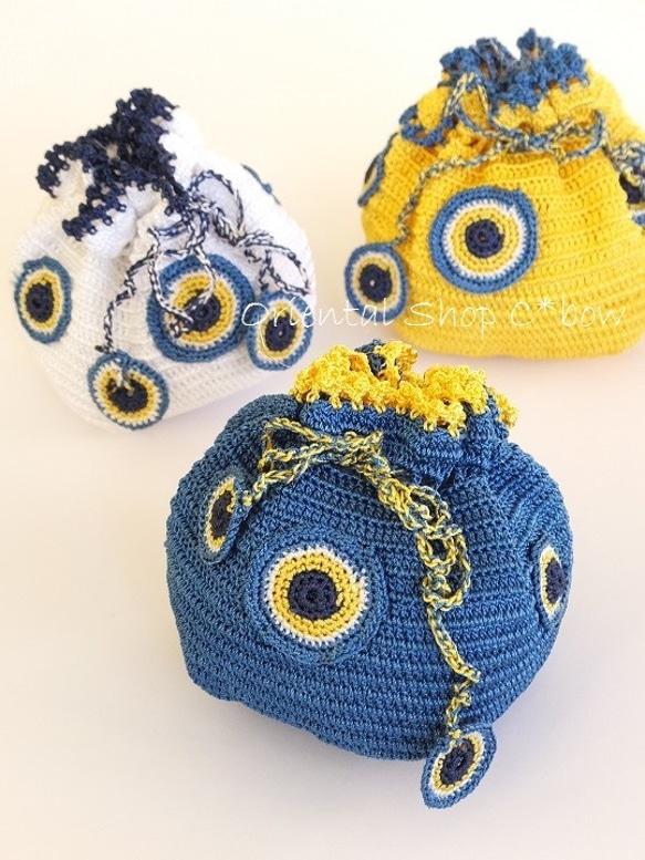 手編みナザルボンジュウのミニ巾着｜濃青×卵 5枚目の画像