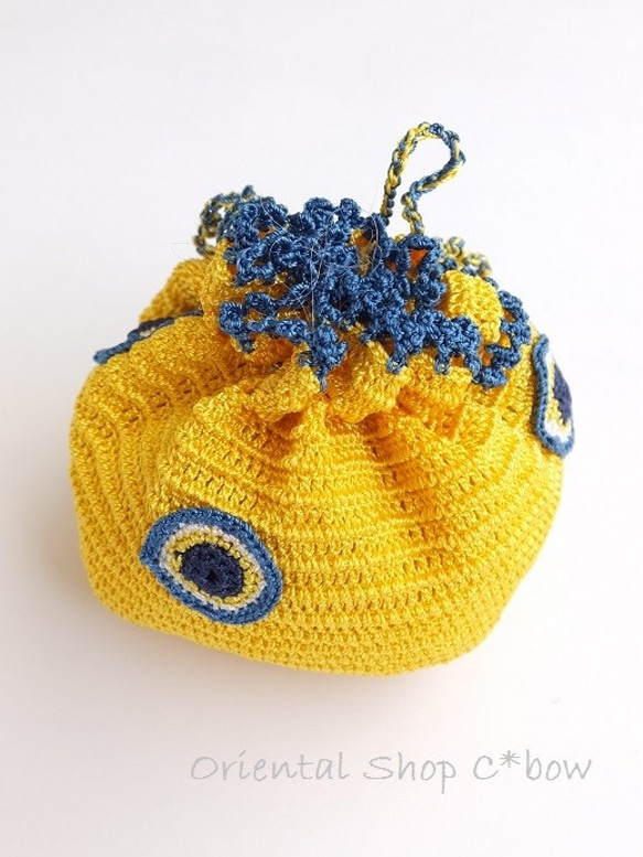 手編みナザルボンジュウのミニ巾着｜黄色・１ 2枚目の画像