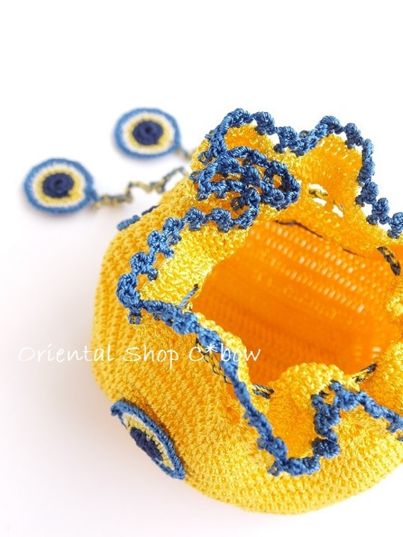 手編みナザルボンジュウのミニ巾着｜黄色・１ 4枚目の画像
