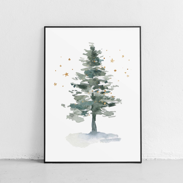 北欧ポスター 【クリスマスツリー】 北欧　星　水彩画  モミの木 クリスマス 1枚目の画像