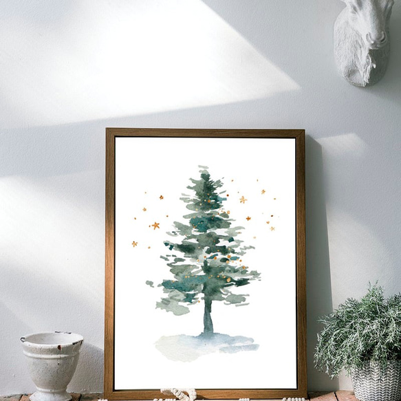 北欧ポスター 【クリスマスツリー】 北欧　星　水彩画  モミの木 クリスマス 2枚目の画像