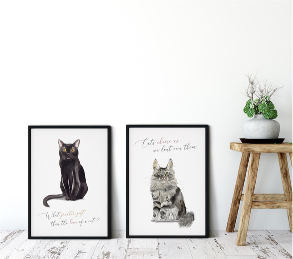 モノクロポスター【メインクーン】名言　水彩　猫のイラスト選べます　北欧　おしゃれ　キャンバスパネル対応可　白黒　 2枚目の画像