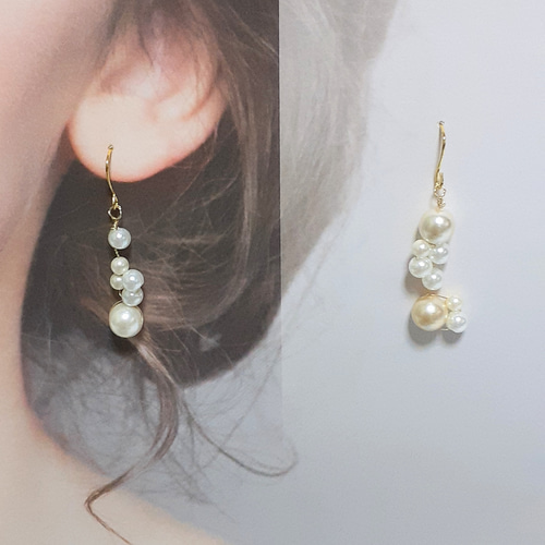 パールアシンメトリーワイヤーアートニッケルフリーピアス＆イヤリング 