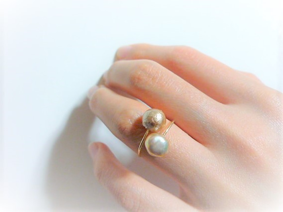 14kgf淡水コットンパールのダブルパールデザインワイヤーオープン