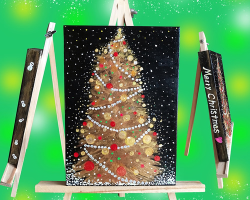 A5サイズの木に描く水彩画原画キラキラと輝く「クリスマスツリー」送料