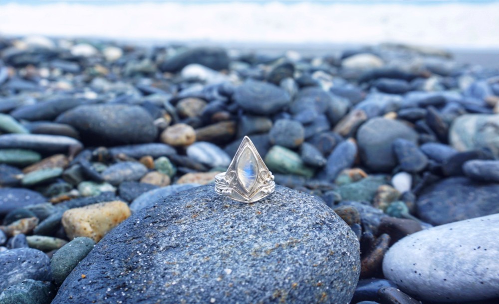オーシャンムーンライトリング/ムーンストーンスターリングシルバー手作りリング