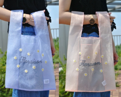 ハンドメイド　バック　オーガンジー 受注制作レジ袋型 エコバッグ オーガンジー 刺繍 折りたたみ マルシェ