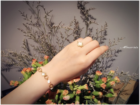 ∴Minertés=珍珠母貝幸運草‧米珍珠‧鍍金色戒指∴ 第2張的照片