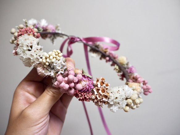 ☆受注製作☆プリザーブド フラワー&ドライフラワーの花かんむり  pink ver. 1枚目の画像
