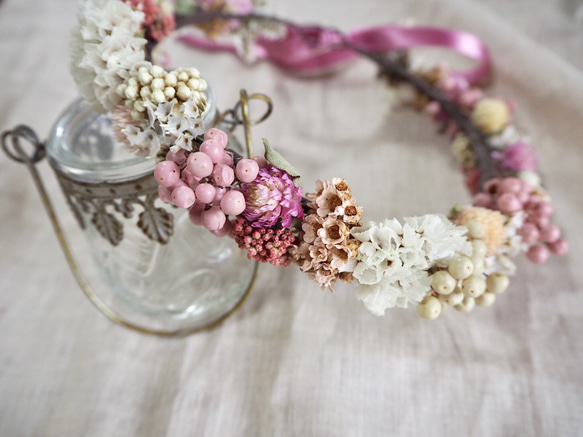 ☆受注製作☆プリザーブド フラワー&ドライフラワーの花かんむり  pink ver. 3枚目の画像