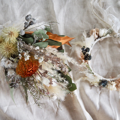 ☆受注製作☆記念日を彩るドライフラワーの花かんむり&ミドルブーケ  