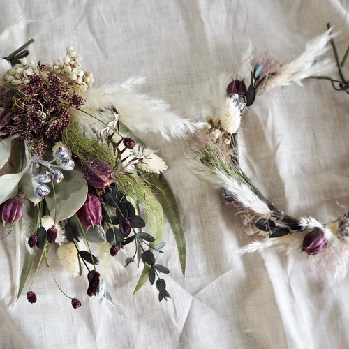 記念日を彩るドライフラワーの花かんむり&ミニブーケ purple ver. 雑貨  