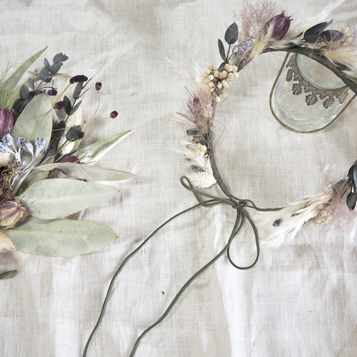 記念日を彩るドライフラワーの花かんむり&ミニブーケ purple ver. 雑貨  