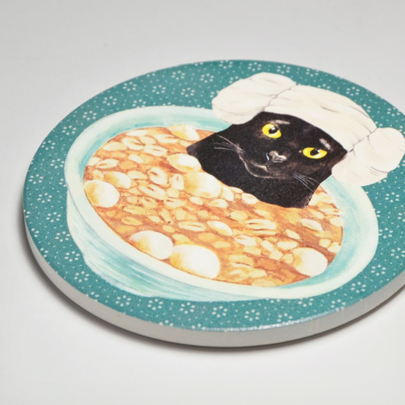 吸水陶瓷杯墊-黑貓泡花生湯圓 第3張的照片