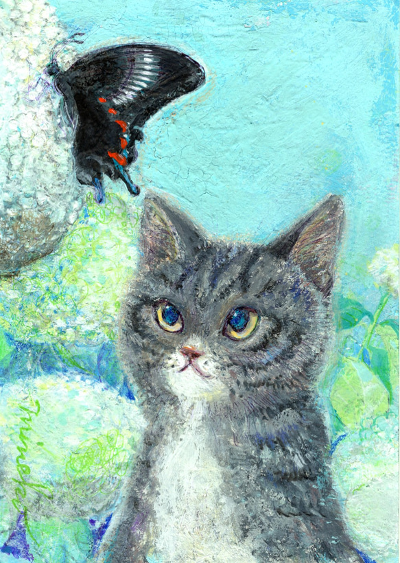 新作　烏鳳蝶（からすあげは）さばとら猫と初夏の庭　絵を飾る暮らし 1枚目の画像