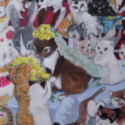 Ａ１サイズ額装原画販売「うれしい日」猫とうさぎとおおかみと… 3枚目の画像